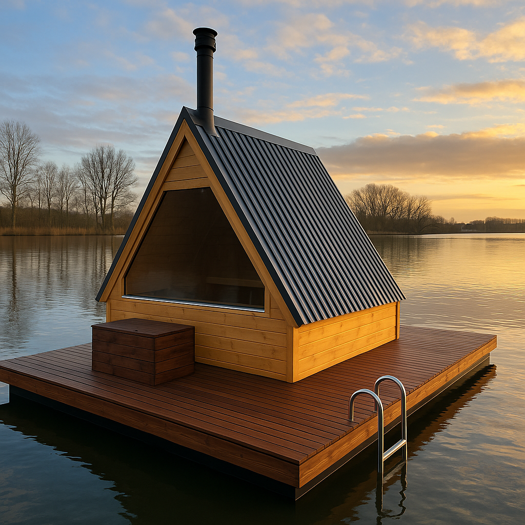 The Fjord – Drijvende Sauna – Floating Sauna Met Ruim Terras – Thermowood Afwerking – Platform Van Speciaal Behandeld Steigerhout – Gebouwd Op Provlot Drijvers – Harvia 9 kW Sauna Kachel Met WiFi Of Houtkachel – Premium Sauna - Privé & Commercieel Gebruik
