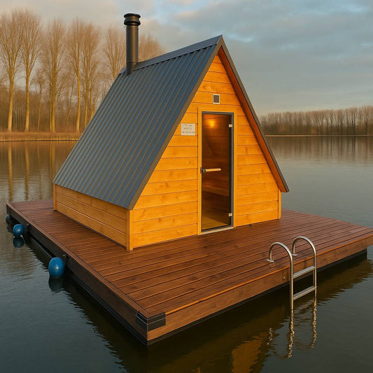 The Fjord – Drijvende Sauna – Floating Sauna Met Ruim Terras – Thermowood Afwerking – Platform Van Speciaal Behandeld Steigerhout – Gebouwd Op Provlot Drijvers – Harvia 9 kW Sauna Kachel Met WiFi Of Houtkachel – Premium Sauna - Privé & Commercieel Gebruik