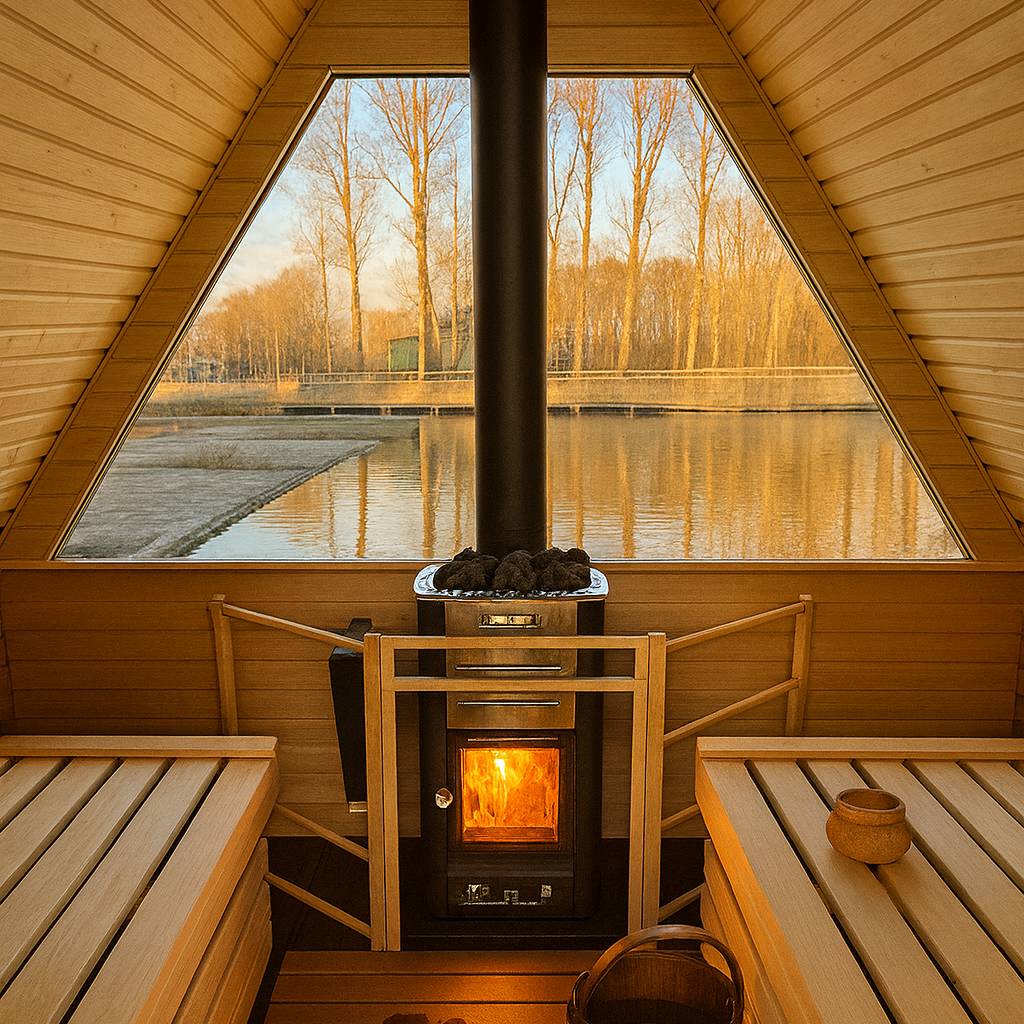 The Fjord – Drijvende Sauna – Floating Sauna Met Ruim Terras – Thermowood Afwerking – Platform Van Speciaal Behandeld Steigerhout – Gebouwd Op Provlot Drijvers – Harvia 9 kW Sauna Kachel Met WiFi Of Houtkachel – Premium Sauna - Privé & Commercieel Gebruik