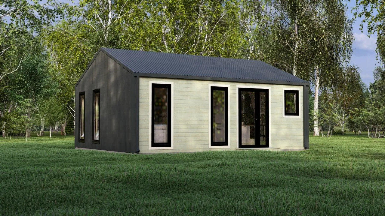 Model Veluwe – 39m² Barn Style Blokhut met Twee Slaapkamers, Royale Woonkamer en Badkamer | 6,88m x 5,63m Luxe Tiny House voor Recreatie, Glamping of als Gastenverblijf