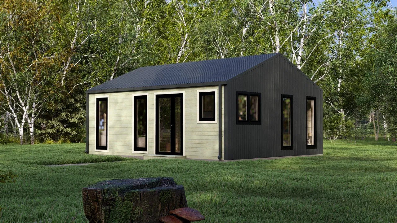 Model Veluwe – 39m² Barn Style Blokhut met Twee Slaapkamers, Royale Woonkamer en Badkamer | 6,88m x 5,63m Luxe Tiny House voor Recreatie, Glamping of als Gastenverblijf