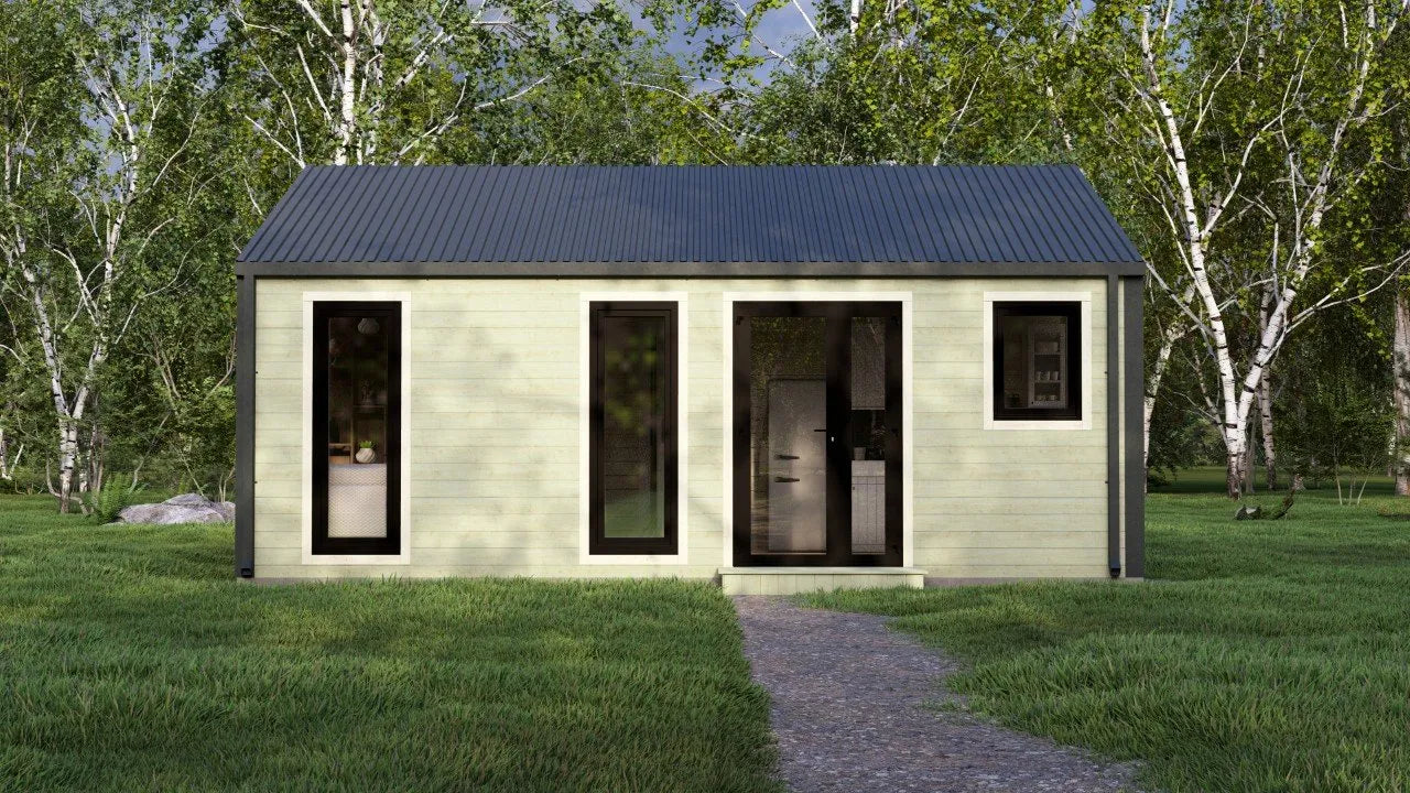 Model Veluwe – 39m² Barn Style Blokhut met Twee Slaapkamers, Royale Woonkamer en Badkamer | 6,88m x 5,63m Luxe Tiny House voor Recreatie, Glamping of als Gastenverblijf