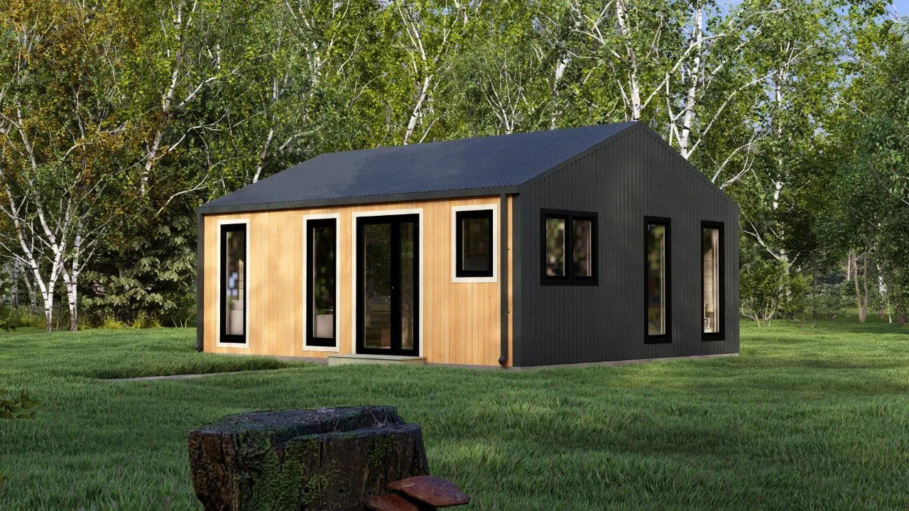 Model Veluwe – 39m² Barn Style Blokhut met Twee Slaapkamers, Royale Woonkamer en Badkamer | 6,88m x 5,63m Luxe Tiny House voor Recreatie, Glamping of als Gastenverblijf