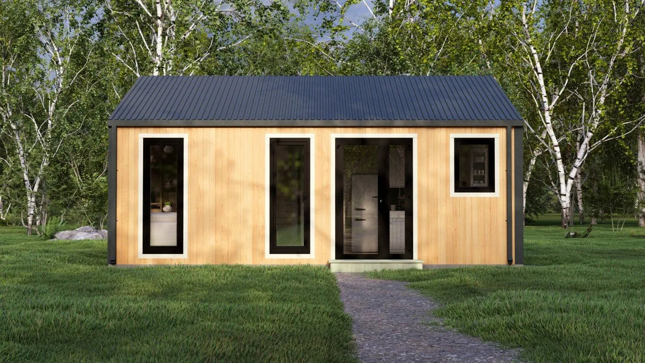Model Veluwe – 39m² Barn Style Blokhut met Twee Slaapkamers, Royale Woonkamer en Badkamer | 6,88m x 5,63m Luxe Tiny House voor Recreatie, Glamping of als Gastenverblijf