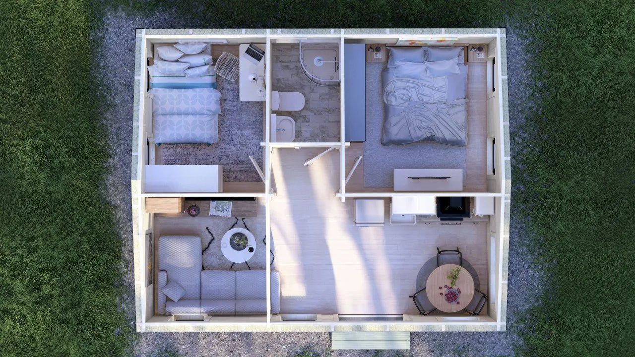 Model Veluwe – 39m² Barn Style Blokhut met Twee Slaapkamers, Royale Woonkamer en Badkamer | 6,88m x 5,63m Luxe Tiny House voor Recreatie, Glamping of als Gastenverblijf