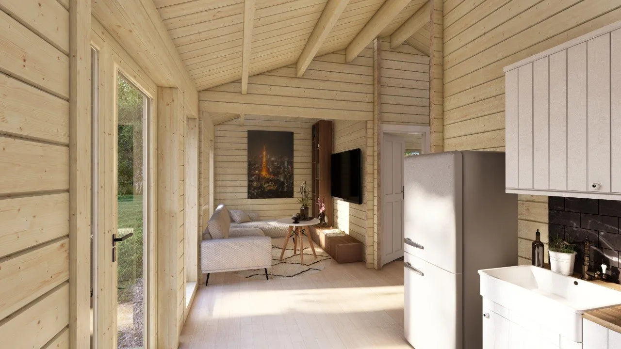 Model Veluwe – 39m² Barn Style Blokhut met Twee Slaapkamers, Royale Woonkamer en Badkamer | 6,88m x 5,63m Luxe Tiny House voor Recreatie, Glamping of als Gastenverblijf