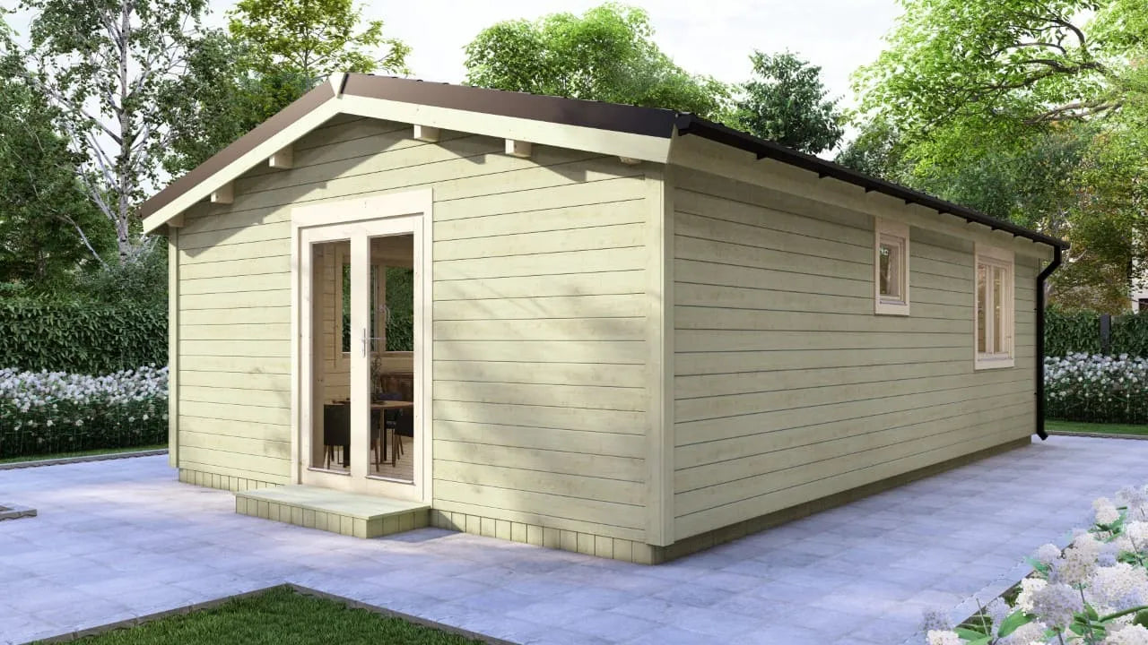 Houten Blokhut / Cabin met 2 Slaapkamers – Model Zandvoort | 53m² Tuinhuis of Mantelzorgwoning – Compleet Geïsoleerd