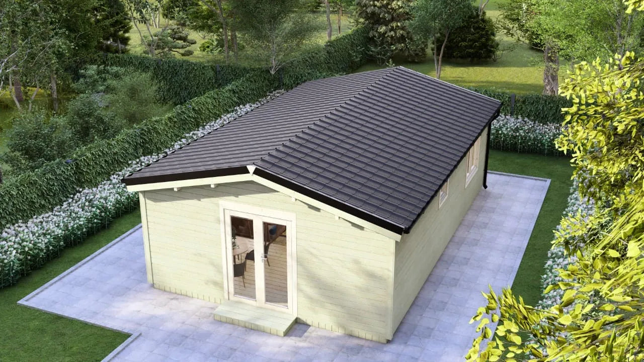 Houten Blokhut / Cabin met 2 Slaapkamers – Model Zandvoort | 53m² Tuinhuis of Mantelzorgwoning – Compleet Geïsoleerd