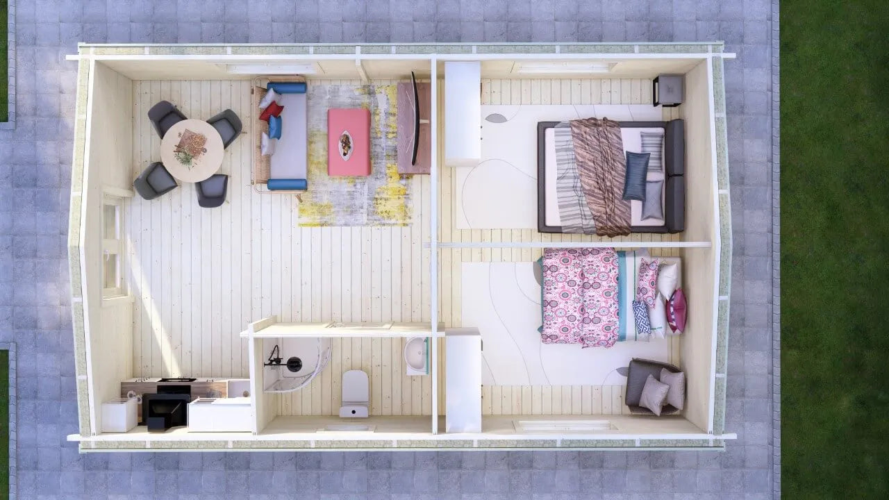 Houten Blokhut / Cabin met 2 Slaapkamers – Model Zandvoort | 53m² Tuinhuis of Mantelzorgwoning – Compleet Geïsoleerd