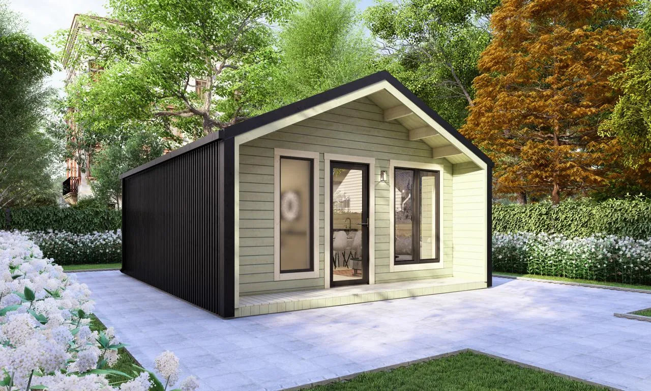 Model Hoorn – 36m² Barn Style Blokhut met Veranda, Royale Woonkamer, Badkamer en Eén Slaapkamer | 5,4m x 6,7m Luxe Tiny House voor Glamping, Recreatieverhuur of als Comfortabel Gastenverblijf