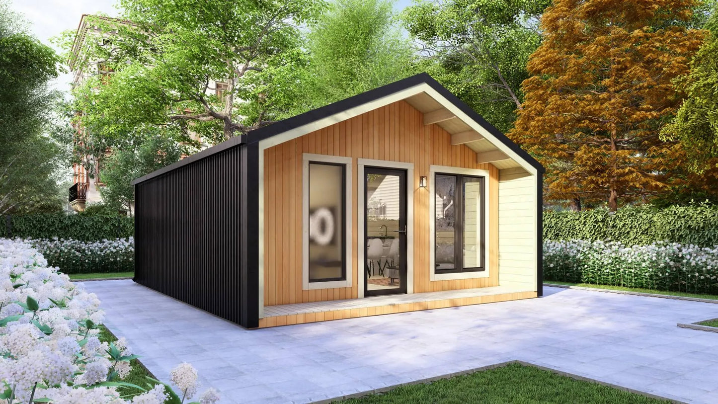 Model Hoorn – 36m² Barn Style Blokhut met Veranda, Royale Woonkamer, Badkamer en Eén Slaapkamer | 5,4m x 6,7m Luxe Tiny House voor Glamping, Recreatieverhuur of als Comfortabel Gastenverblijf