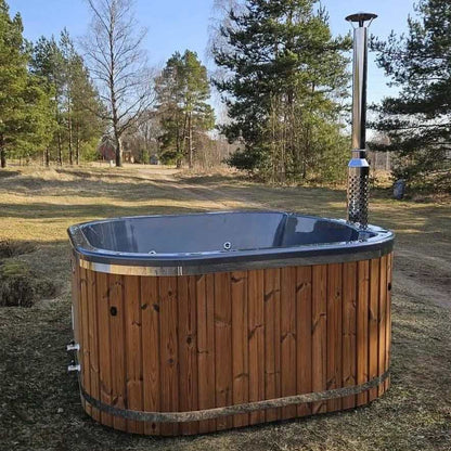 Malmo – Vierkante Luxe Hot Tub met Geïntegreerde Houtkachel - Massagejets, LED-Verlichting, Bubbelsysteem en Vrije Kleurkeuze