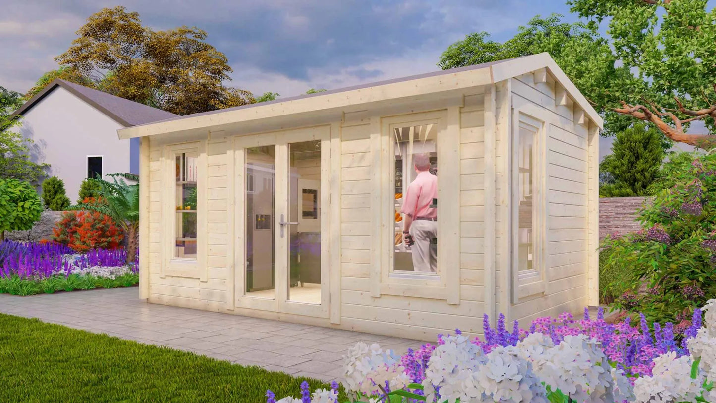 15m² Tuinhuis / Blokhut – Model Deventer | Compacte Houten Cabin met Veel Lichtinval – Ideaal voor Thuiswerken, Hobby of Yoga