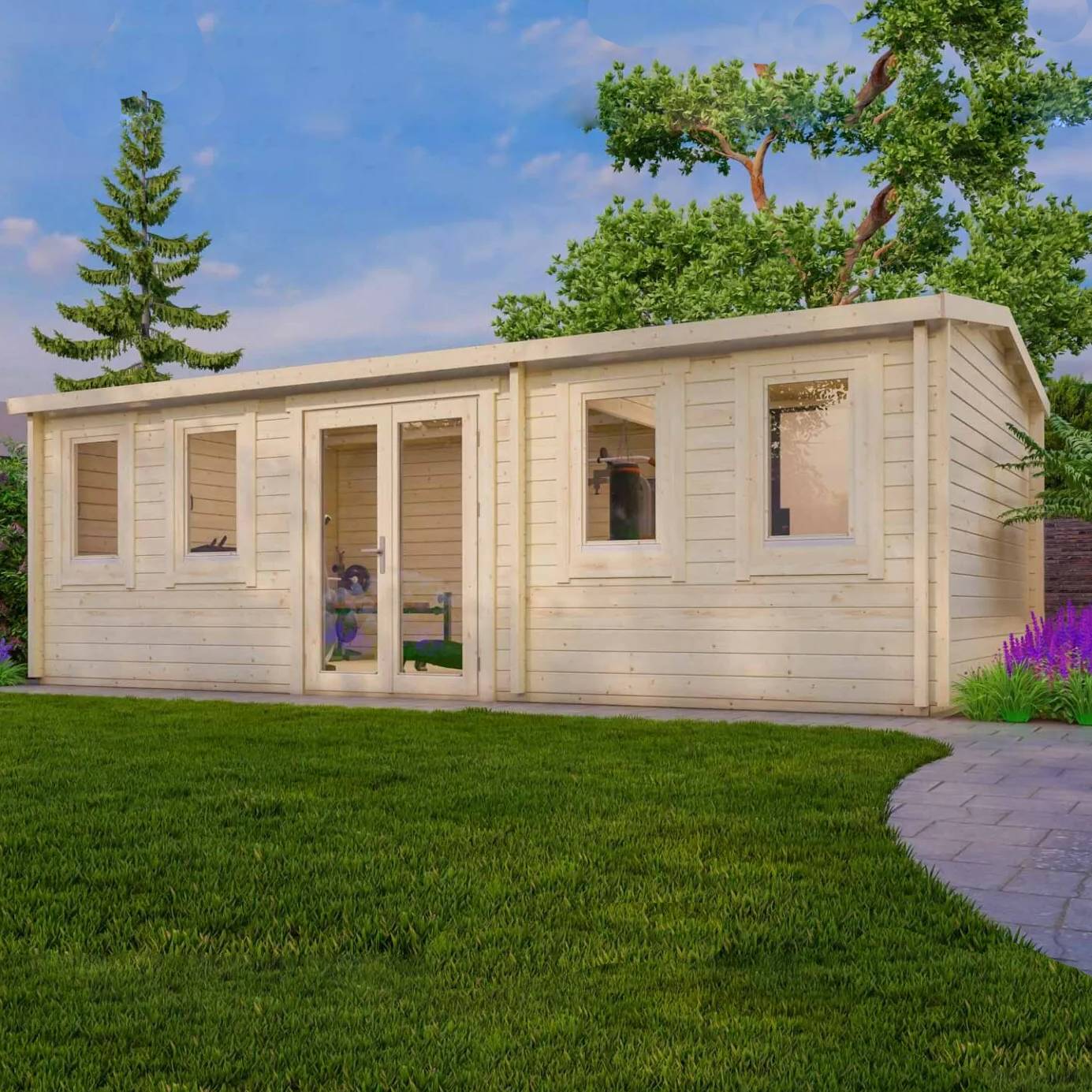 Houten Tuinhuis met Dubbele Deuren – 28m² Blokhut Model Texel | Perfect als Kantoor, Gastenverblijf of Studio