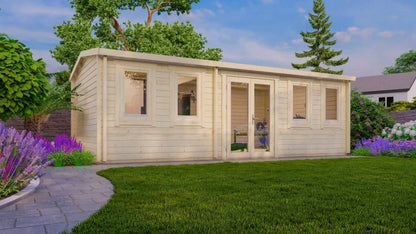 Houten Tuinhuis met Dubbele Deuren – 28m² Blokhut Model Texel | Perfect als Kantoor, Gastenverblijf of Studio