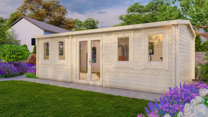 Houten Tuinhuis met Dubbele Deuren – 28m² Blokhut Model Texel | Perfect als Kantoor, Gastenverblijf of Studio