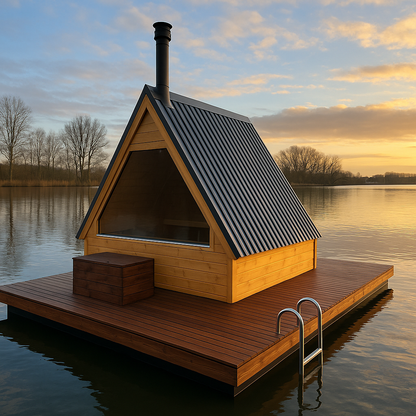 The Fjord – Drijvende Sauna – Floating Sauna Met Ruim Terras – Thermowood Afwerking – Platform Van Speciaal Behandeld Steigerhout – Gebouwd Op Provlot Drijvers – Harvia 9 kW Sauna Kachel Met WiFi Of Houtkachel – Premium Sauna - Privé & Commercieel Gebruik