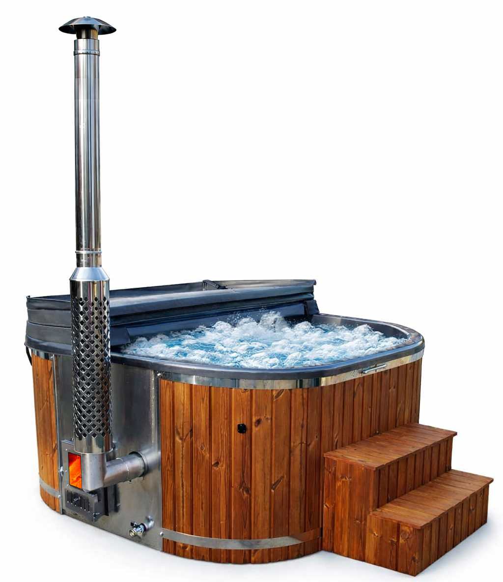Malmo – Vierkante Luxe Hot Tub met Geïntegreerde Houtkachel - Massagejets, LED-Verlichting, Bubbelsysteem en Vrije Kleurkeuze