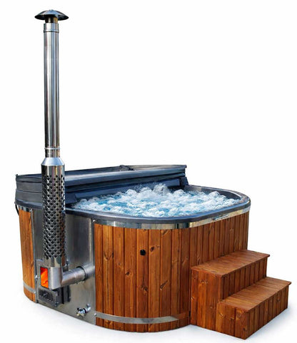 Malmo – Vierkante Luxe Hot Tub met Geïntegreerde Houtkachel - Massagejets, LED-Verlichting, Bubbelsysteem en Vrije Kleurkeuze