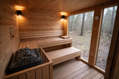 NØRVA Cube Luxe Buitensauna met Ontspanningsruimte – 3700 × 2200 × 2300 - Geschikt voor 6 personen - Wellness Cube Sauna met Glazen Deuren, Zwarte Shingles Dak en Verlichting