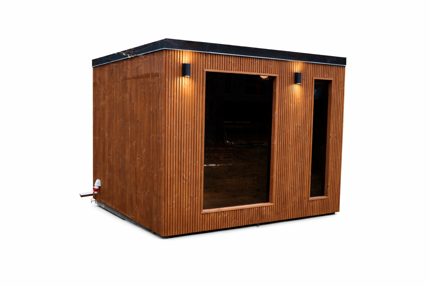 NØRVA Cube Luxe Buitensauna met Ontspanningsruimte – 3700 × 2200 × 2300 - Geschikt voor 6 personen - Wellness Cube Sauna met Glazen Deuren, Zwarte Shingles Dak en Verlichting