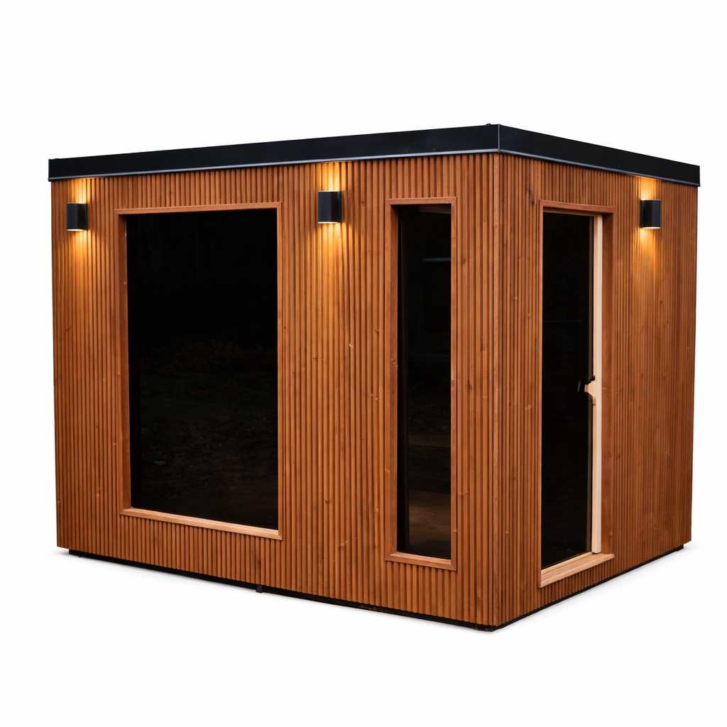NØRVA Cube Luxe Buitensauna met Ontspanningsruimte – 3700 × 2200 × 2300 - Geschikt voor 6 personen - Wellness Cube Sauna met Glazen Deuren, Zwarte Shingles Dak en Verlichting
