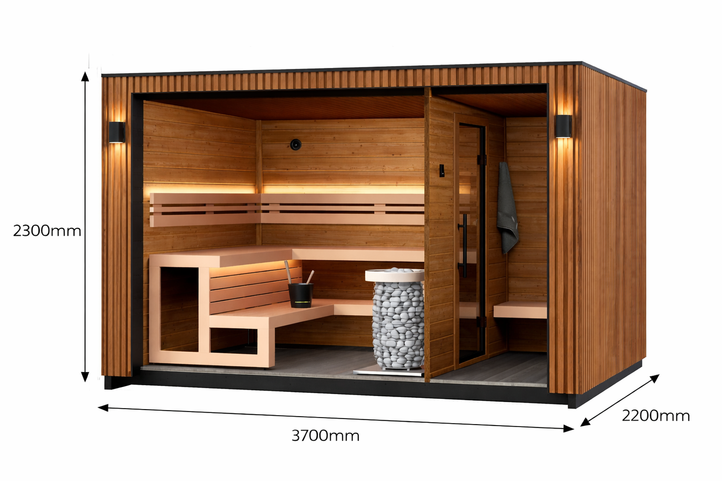 NØRVA Cube Luxe Buitensauna met Ontspanningsruimte – 3700 × 2200 × 2300 - Geschikt voor 6 personen - Wellness Cube Sauna met Glazen Deuren, Zwarte Shingles Dak en Verlichting