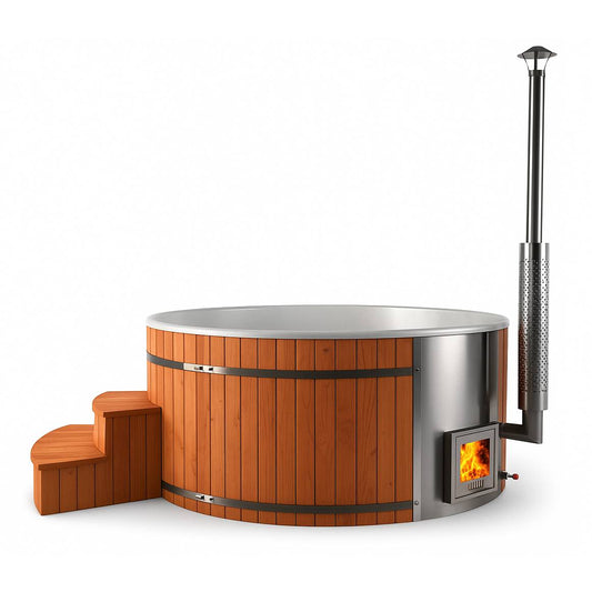 Uppsala – Thermohout Rond Hottub met Geïntegreerde Houtkachel - Massagejets, LED-Verlichting, Bubbelsysteem en Vrije Kleurkeuze