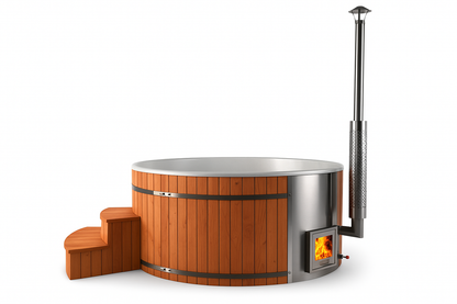 Uppsala – Thermohout Rond Hottub met Geïntegreerde Houtkachel - Massagejets, LED-Verlichting, Bubbelsysteem en Vrije Kleurkeuze
