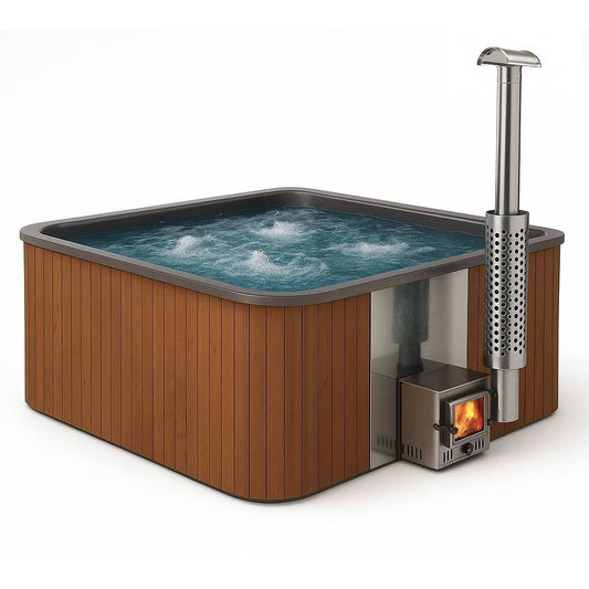 Malmo – Vierkante Luxe Hot Tub met Geïntegreerde Houtkachel - Massagejets, LED-Verlichting, Bubbelsysteem en Vrije Kleurkeuze