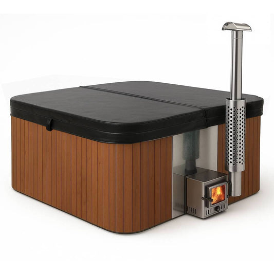 Malmo – Vierkante Luxe Hot Tub met Geïntegreerde Houtkachel - Massagejets, LED-Verlichting, Bubbelsysteem en Vrije Kleurkeuze