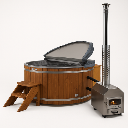 Lyon – Thermohout Rond Hottub met Externe Houtkachel - Massagejets, LED-Verlichting, Bubbelsysteem en Vrije Kleurkeuze (Copy)