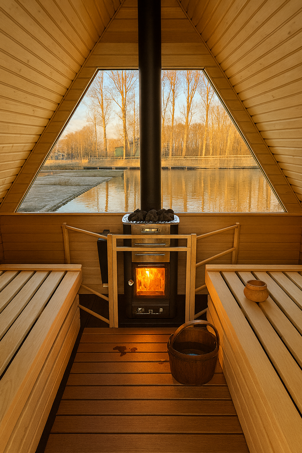 The Fjord – Drijvende Sauna – Floating Sauna Met Ruim Terras – Thermowood Afwerking – Platform Van Speciaal Behandeld Steigerhout – Gebouwd Op Provlot Drijvers – Harvia 9 kW Sauna Kachel Met WiFi Of Houtkachel – Premium Sauna - Privé & Commercieel Gebruik