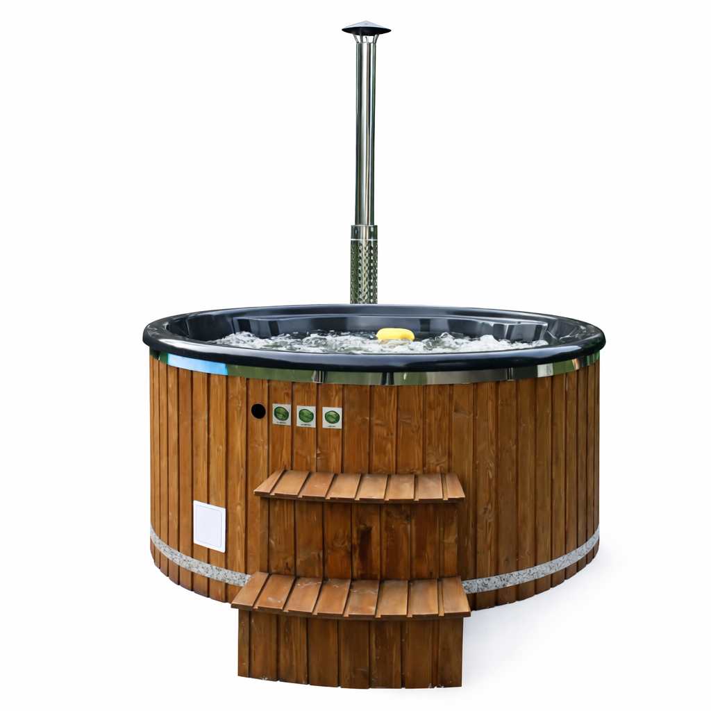 Uppsala – Thermohout Rond Hottub met Geïntegreerde Houtkachel - Massagejets, LED-Verlichting, Bubbelsysteem en Vrije Kleurkeuze