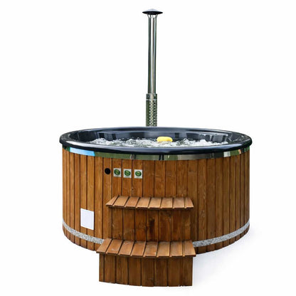 Uppsala – Thermohout Rond Hottub met Geïntegreerde Houtkachel - Massagejets, LED-Verlichting, Bubbelsysteem en Vrije Kleurkeuze