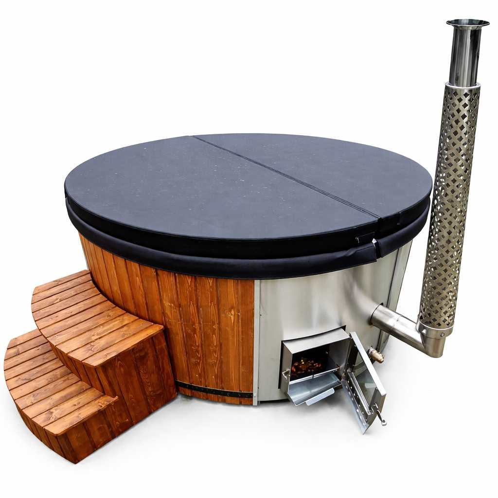 Uppsala – Thermohout Rond Hottub met Geïntegreerde Houtkachel - Massagejets, LED-Verlichting, Bubbelsysteem en Vrije Kleurkeuze