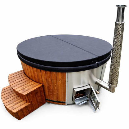 Uppsala – Thermohout Rond Hottub met Geïntegreerde Houtkachel - Massagejets, LED-Verlichting, Bubbelsysteem en Vrije Kleurkeuze