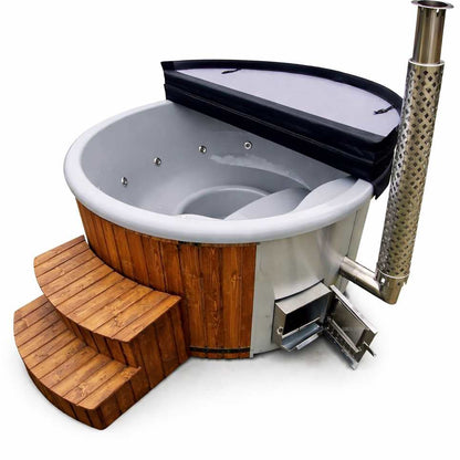 Uppsala – Thermohout Rond Hottub met Geïntegreerde Houtkachel - Massagejets, LED-Verlichting, Bubbelsysteem en Vrije Kleurkeuze