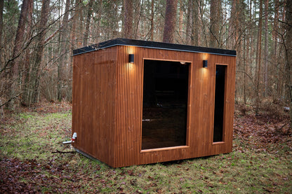 NØRVA Cube Luxe Buitensauna met Ontspanningsruimte – 3700 × 2200 × 2300 - Geschikt voor 6 personen - Wellness Cube Sauna met Glazen Deuren, Zwarte Shingles Dak en Verlichting