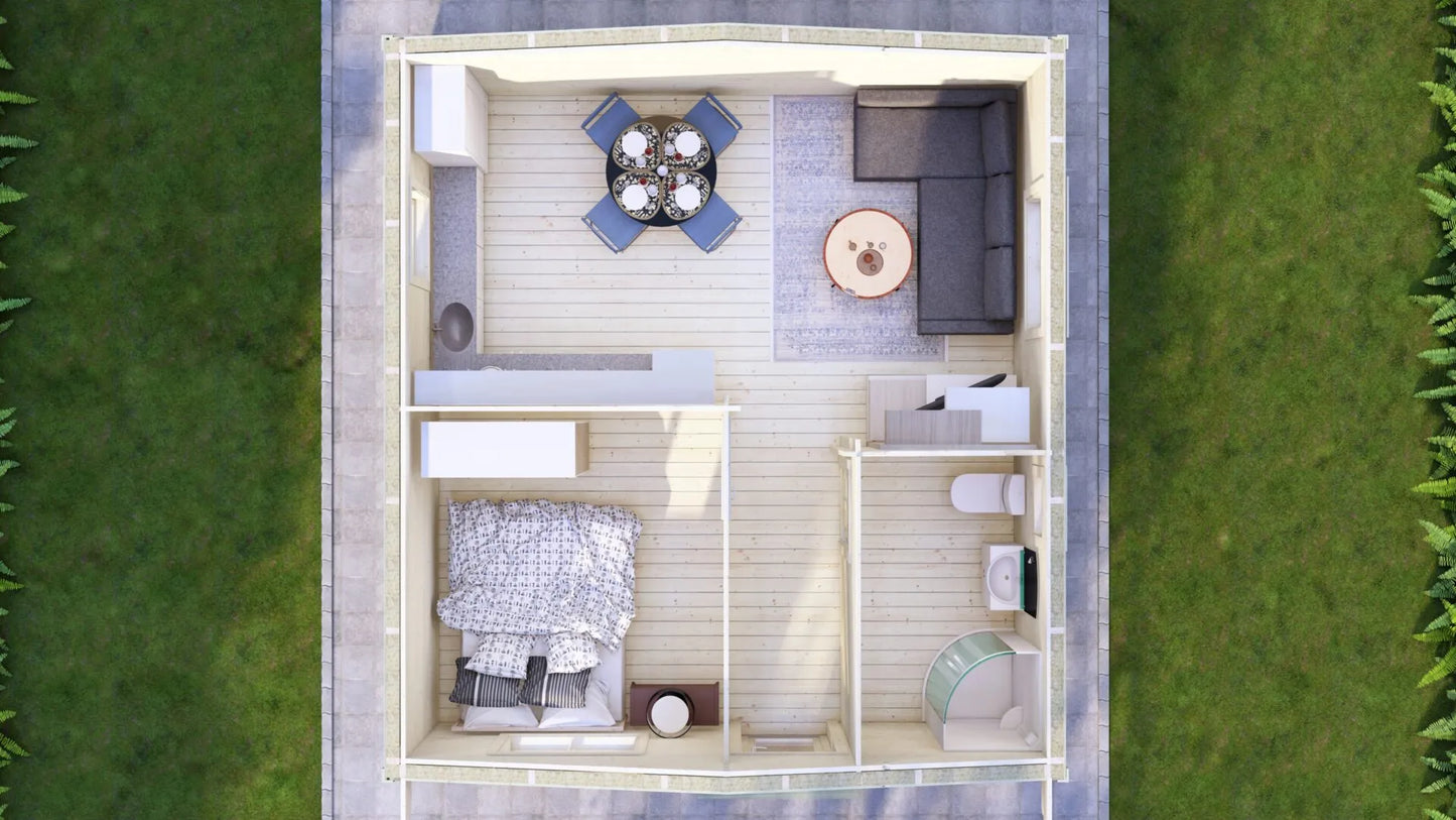 38m² Tuinhuis / Blokhut met 1 Slaapkamer – Model Lunteren | Geïsoleerde Houten Cabin – Perfect als Gastenverblijf, Mantelzorgwoning of Tiny House