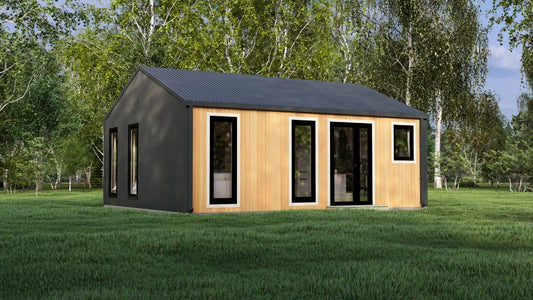 Model Veluwe – 39m² Barn Style Blokhut met Twee Slaapkamers, Royale Woonkamer en Badkamer | 6,88m x 5,63m Luxe Tiny House voor Recreatie, Glamping of als Gastenverblijf