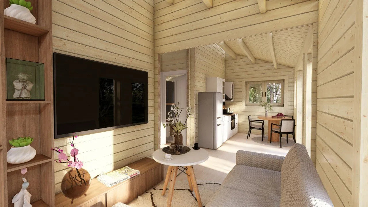 Model Veluwe – 39m² Barn Style Blokhut met Twee Slaapkamers, Royale Woonkamer en Badkamer | 6,88m x 5,63m Luxe Tiny House voor Recreatie, Glamping of als Gastenverblijf