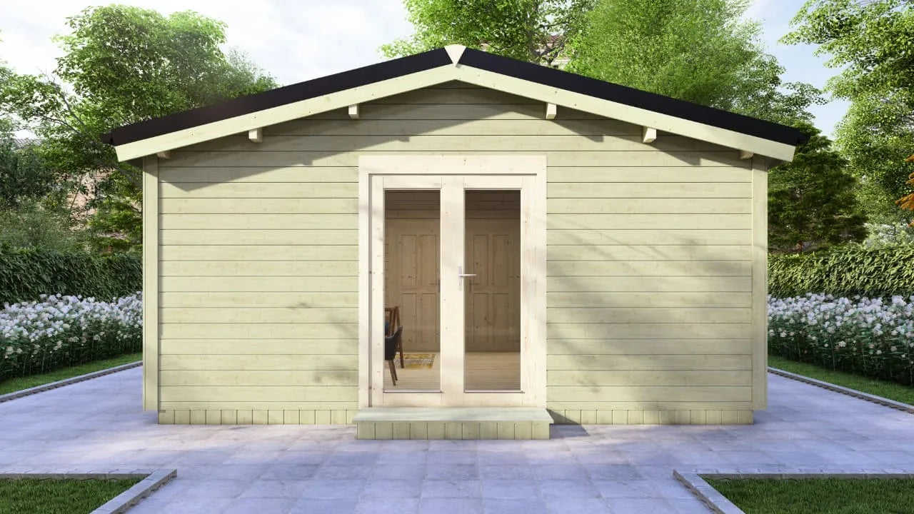Houten Blokhut / Cabin met 2 Slaapkamers – Model Zandvoort | 53m² Tuinhuis of Mantelzorgwoning – Compleet Geïsoleerd