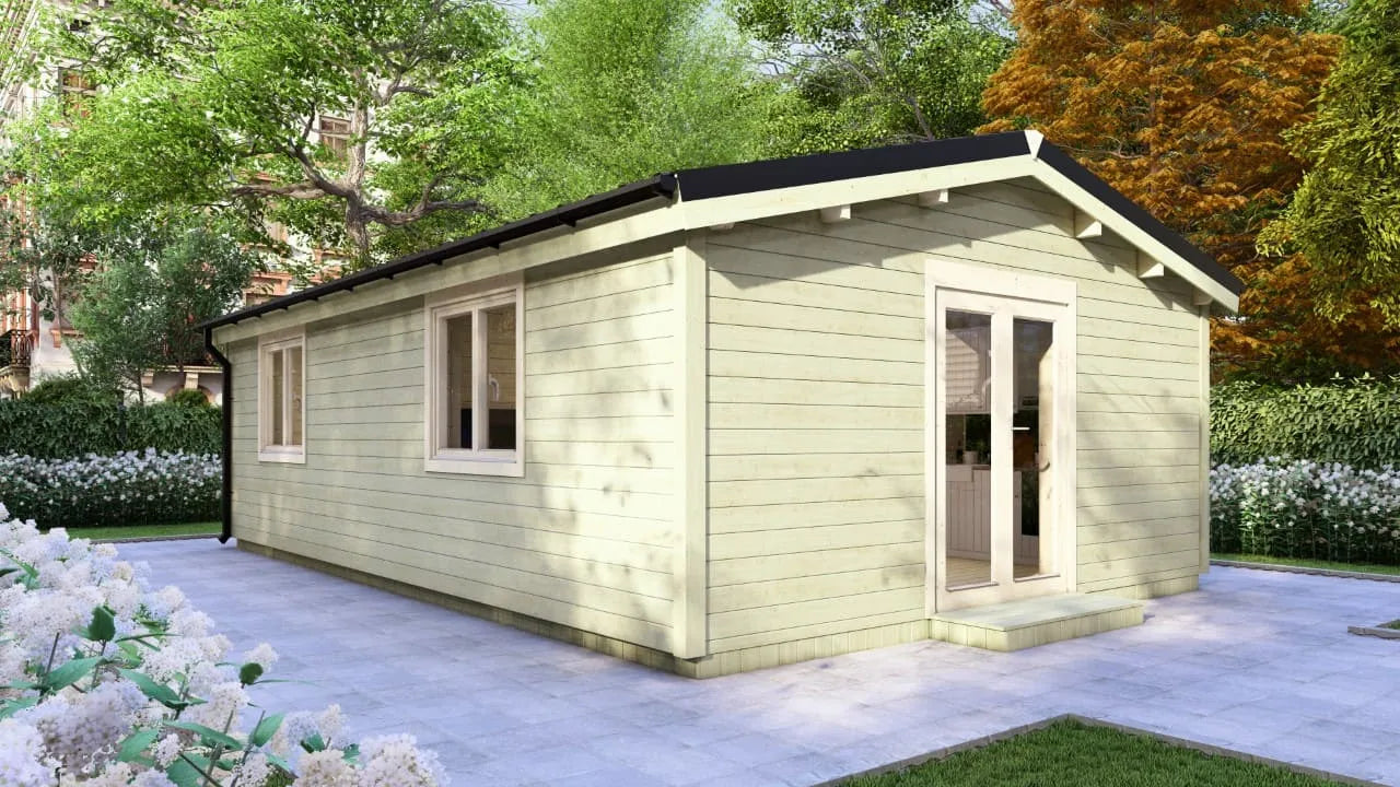 Houten Blokhut / Cabin met 2 Slaapkamers – Model Zandvoort | 40m² Tuinhuis of Mantelzorgwoning – Compleet Geïsoleerd