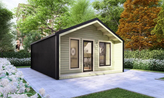 Model Hoorn – 36m² Barn Style Blokhut met Veranda, Royale Woonkamer, Badkamer en Eén Slaapkamer | 5,4m x 6,7m Luxe Tiny House voor Glamping, Recreatieverhuur of als Comfortabel Gastenverblijf
