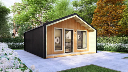 Model Hoorn – 36m² Barn Style Blokhut met Veranda, Royale Woonkamer, Badkamer en Eén Slaapkamer | 5,4m x 6,7m Luxe Tiny House voor Glamping, Recreatieverhuur of als Comfortabel Gastenverblijf