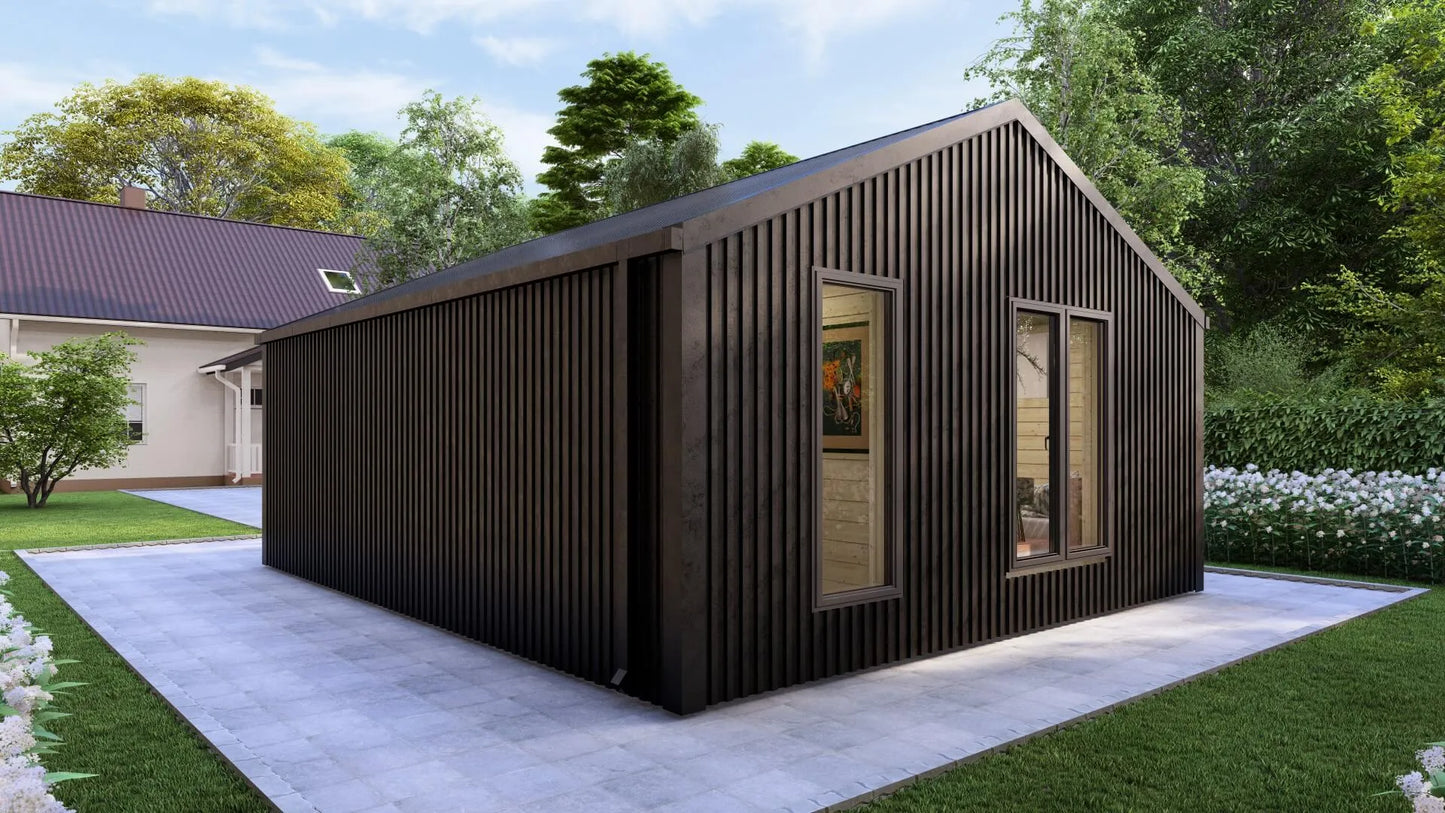 Model Hoorn – 36m² Barn Style Blokhut met Veranda, Royale Woonkamer, Badkamer en Eén Slaapkamer | 5,4m x 6,7m Luxe Tiny House voor Glamping, Recreatieverhuur of als Comfortabel Gastenverblijf