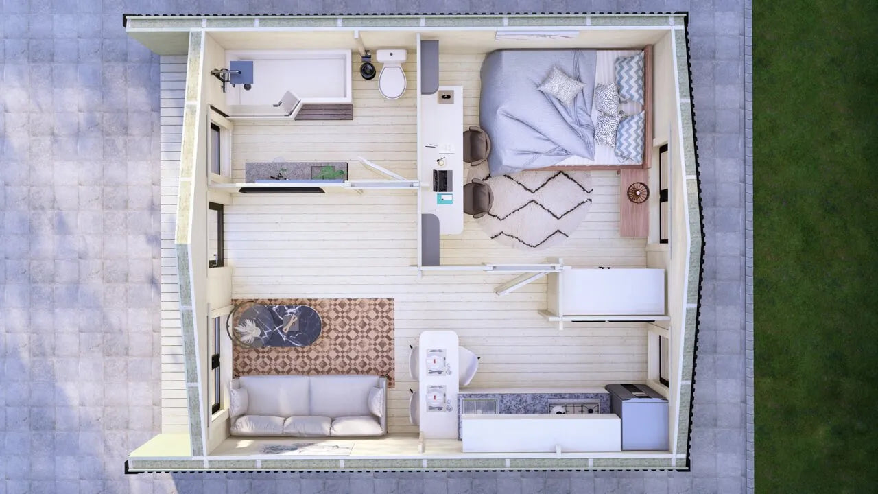Model Hoorn – 36m² Barn Style Blokhut met Veranda, Royale Woonkamer, Badkamer en Eén Slaapkamer | 5,4m x 6,7m Luxe Tiny House voor Glamping, Recreatieverhuur of als Comfortabel Gastenverblijf