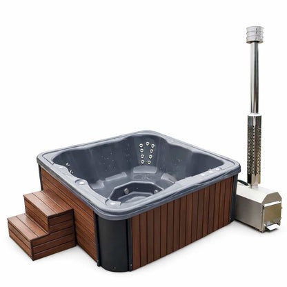 Ubud – Vierkante Luxe Hot Tub met Externe Houtkachel - Massagejets, LED-Verlichting, Bubbelsysteem en Vrije Kleurkeuze