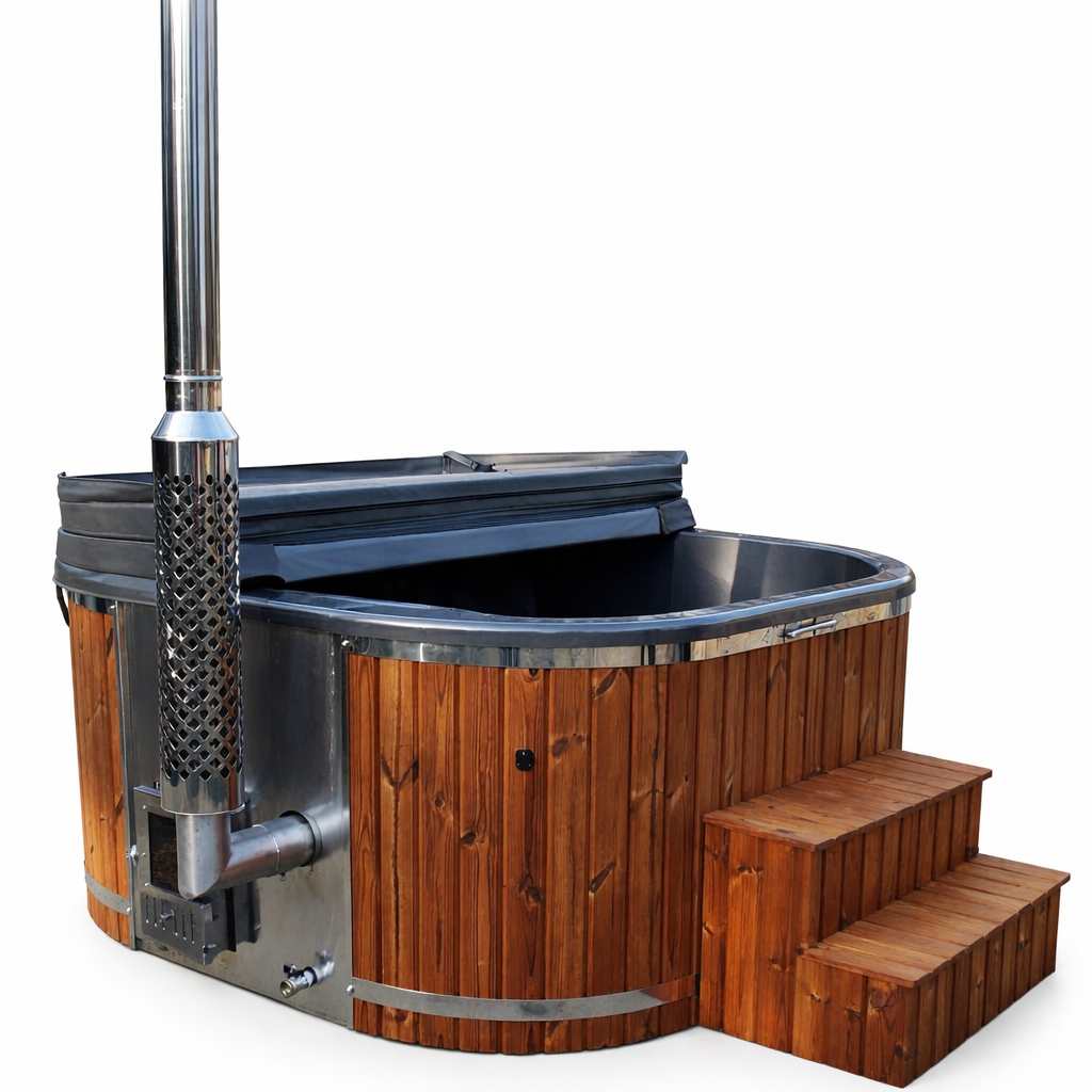 Malmo – Vierkante Luxe Hot Tub met Geïntegreerde Houtkachel - Massagejets, LED-Verlichting, Bubbelsysteem en Vrije Kleurkeuze